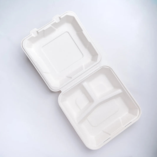 Pack of 50- 8 x 8, 3 Compartment Clamshell - 100% Plastic FREE Sugarcane Disposable Tableware by "Alternuts - Healthy Alternatives"