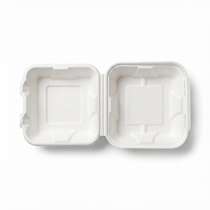 Pack of 50 - Clamshell 6 x 6 Burger Box - 100% Plastic FREE Sugarcane Disposable Tableware by "Alternuts - Healthy Alternatives"