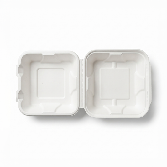 Pack of 50 - Clamshell 6 x 6 Burger Box - 100% Plastic FREE Sugarcane Disposable Tableware by "Alternuts - Healthy Alternatives"