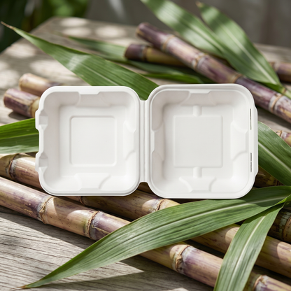Pack of 50 - Clamshell 6 x 6 Burger Box - 100% Plastic FREE Sugarcane Disposable Tableware by "Alternuts - Healthy Alternatives"