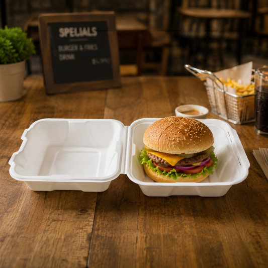 Pack of 50 - Clamshell 6 x 6 Burger Box - 100% Plastic FREE Sugarcane Disposable Tableware by "Alternuts - Healthy Alternatives"