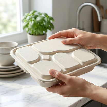 Alternuts Pulp Moulded Disposable 5CP Takeaway Meal Tray with Lid ( Pack of 50 )