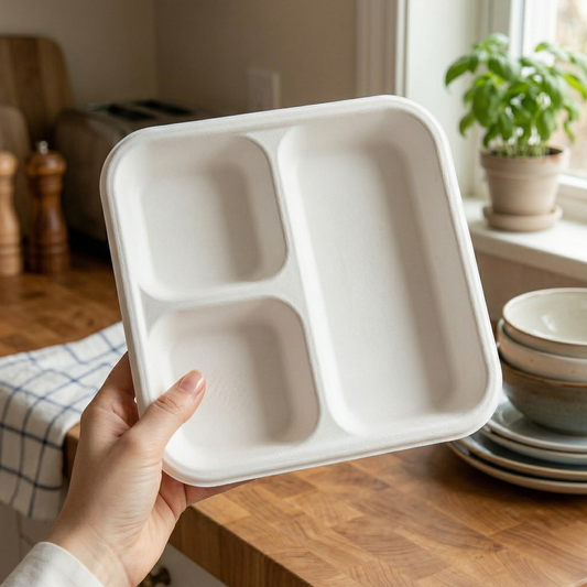 Pack of 100 - 3CP Square Plate (8.5 in. X 8.5 in.) - 100% Plastic FREE Sugarcane Disposable Tableware by "Alternuts - Healthy Alternatives"
