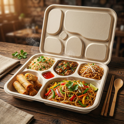 Alternuts Pulp Moulded Disposable 5CP Takeaway Meal Tray with Lid ( Pack of 50 )