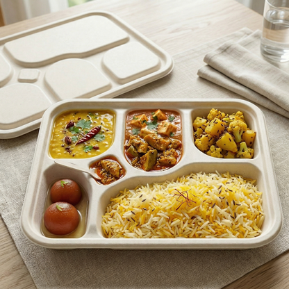Alternuts Pulp Moulded Disposable 5CP Takeaway Meal Tray with Lid ( Pack of 50 )