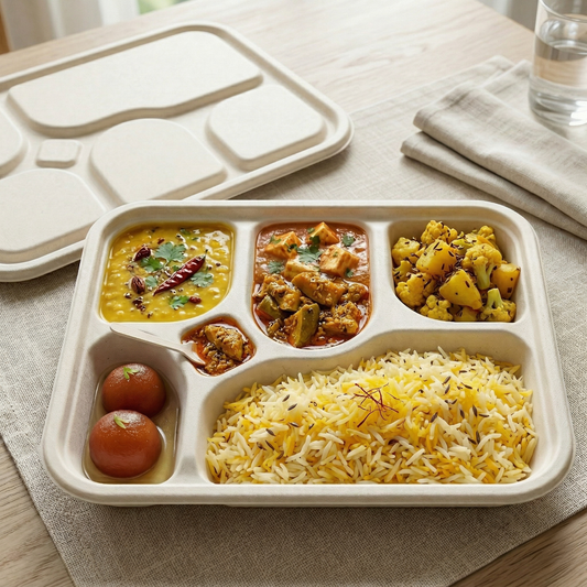 Alternuts Pulp Moulded Disposable 5CP Takeaway Meal Tray with Lid ( Pack of 50 )