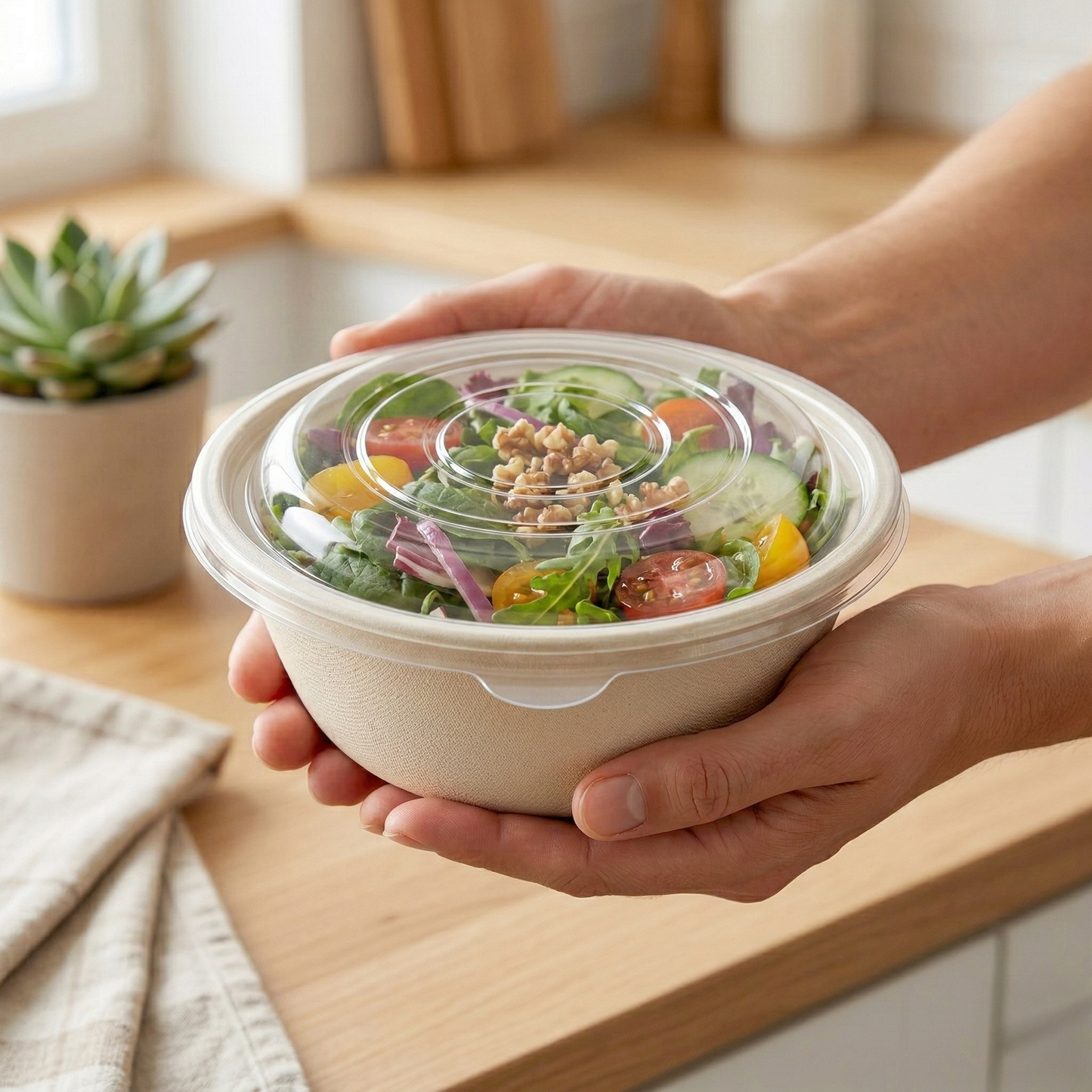 Alternuts Pulp Moulded Disposable 1000 ml Round Takeaway Bowl with PET Lid ( Pack of 50 )